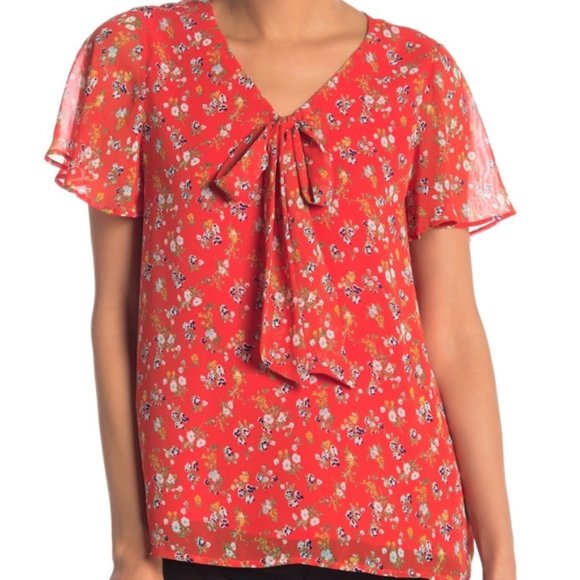 Pleione Tops - Pleione Red Floral Tie Front Flutter Blouse Shirt